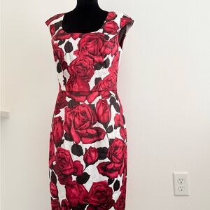 White House Black Market Red Rose-Print Midi Sheath Dress